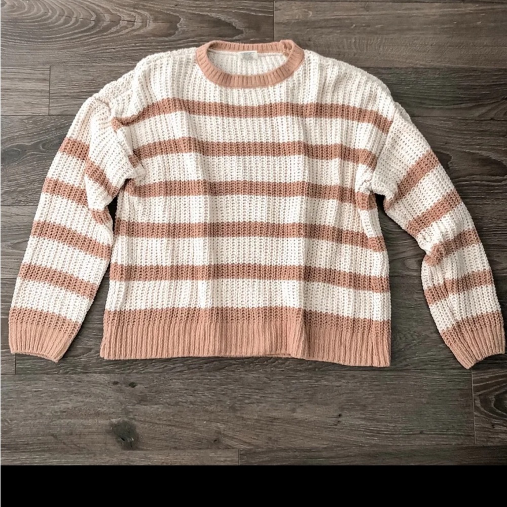 Essentials Cream and Tan Striped Sweater, Women’s Soft Cozy Fuzzy, Knit